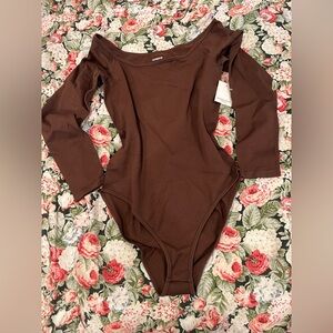 mangopop women’s off the shoulder long sleeve brown bodysuit shapewear NWT